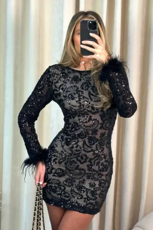 Amanda black sequin sheer lined feather mini dress