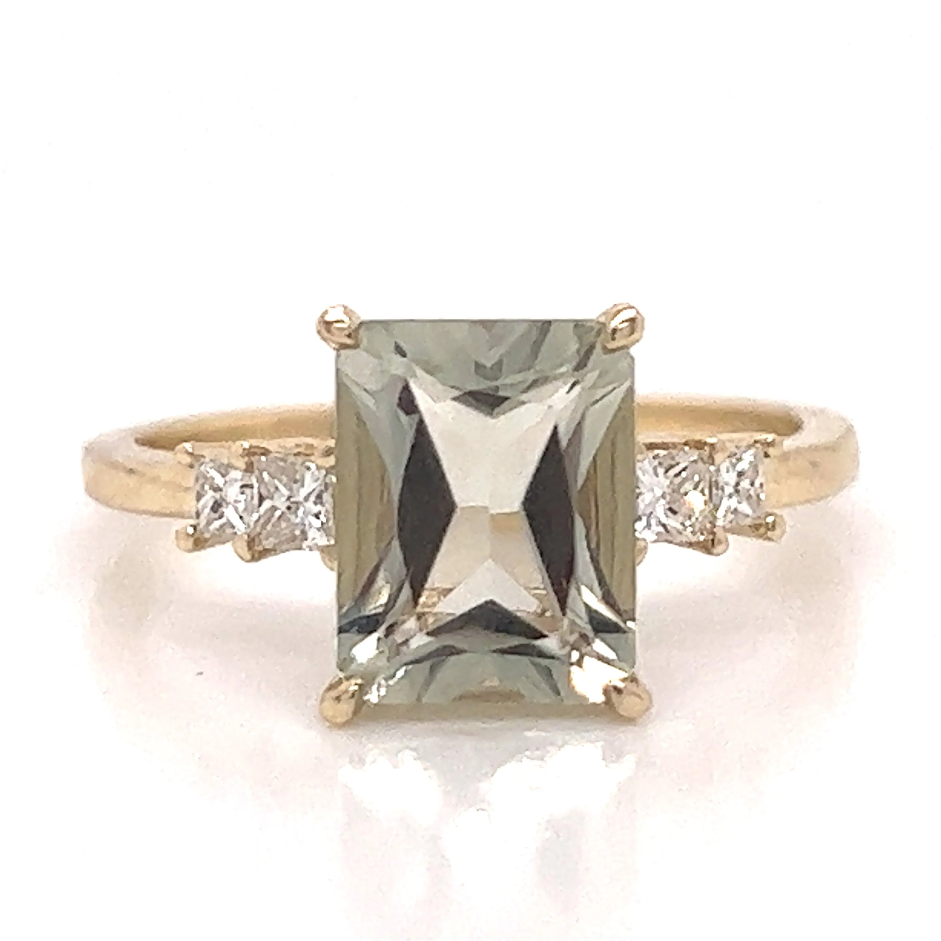 2.25ct Earth Grown Radiant Green Amethyst & Princess Diamond Gold Ring