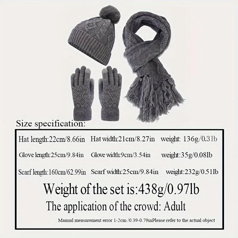 3pcs/set Stylish Twist Knit Winter Accessories - Cold Weather Scarves & Wraps - Soft Beanie, Touchscreen Gloves, and Tassel Scarf Combination for Autumn and Winter Seasons