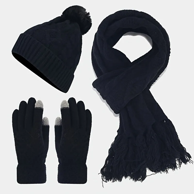 3pcs/set Stylish Twist Knit Winter Accessories - Cold Weather Scarves & Wraps - Soft Beanie, Touchscreen Gloves, and Tassel Scarf Combination for Autumn and Winter Seasons