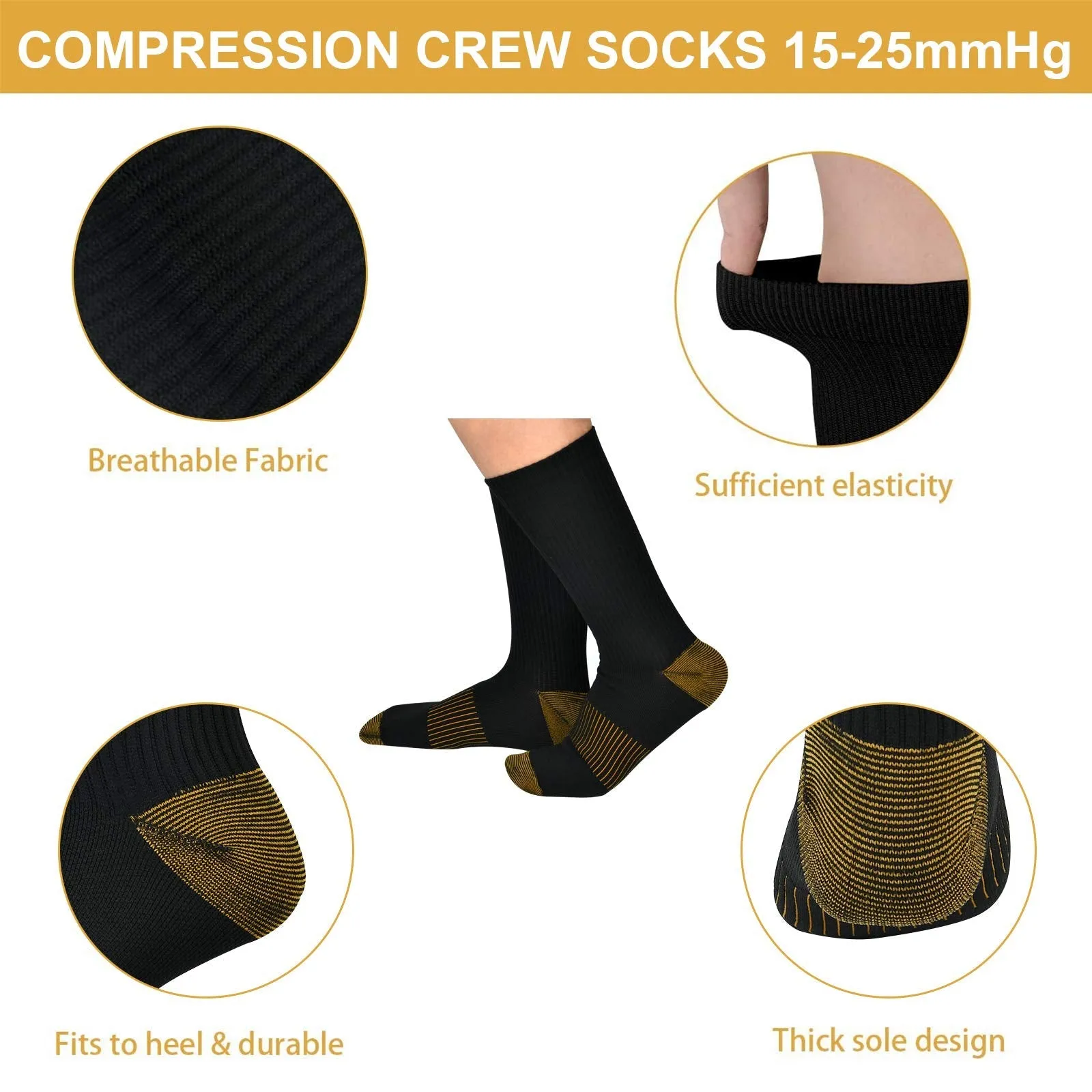 4 Pack Compression Crew Socks for Women Men Circulation Plantar Fasciitis Socks Black Large-X-Large