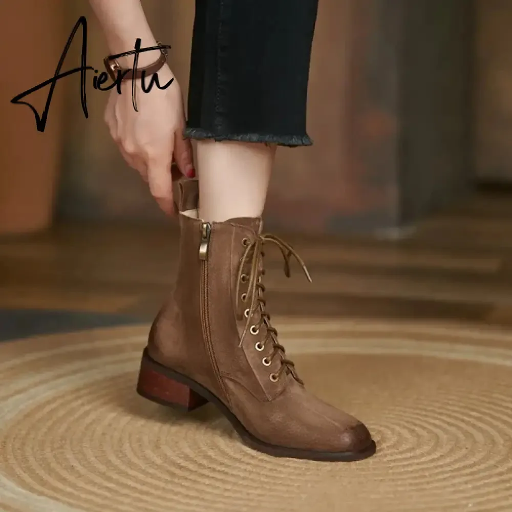 Aiertu HOT SALES Fall Shoes Zipper Genuine Leather Boots Women Retro Lace Ankle Boots for Women Plus Size 42 Fashion Winter Boots Women