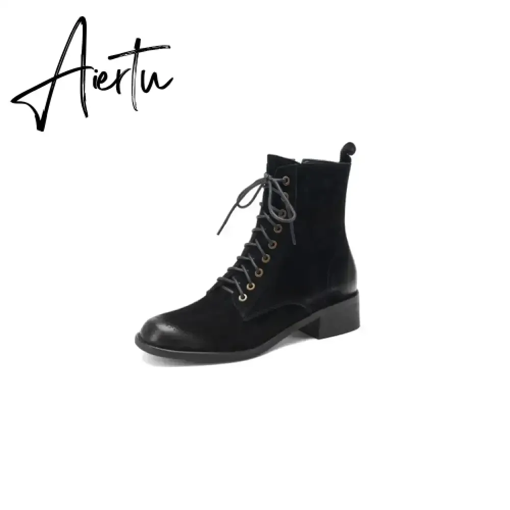 Aiertu HOT SALES Fall Shoes Zipper Genuine Leather Boots Women Retro Lace Ankle Boots for Women Plus Size 42 Fashion Winter Boots Women