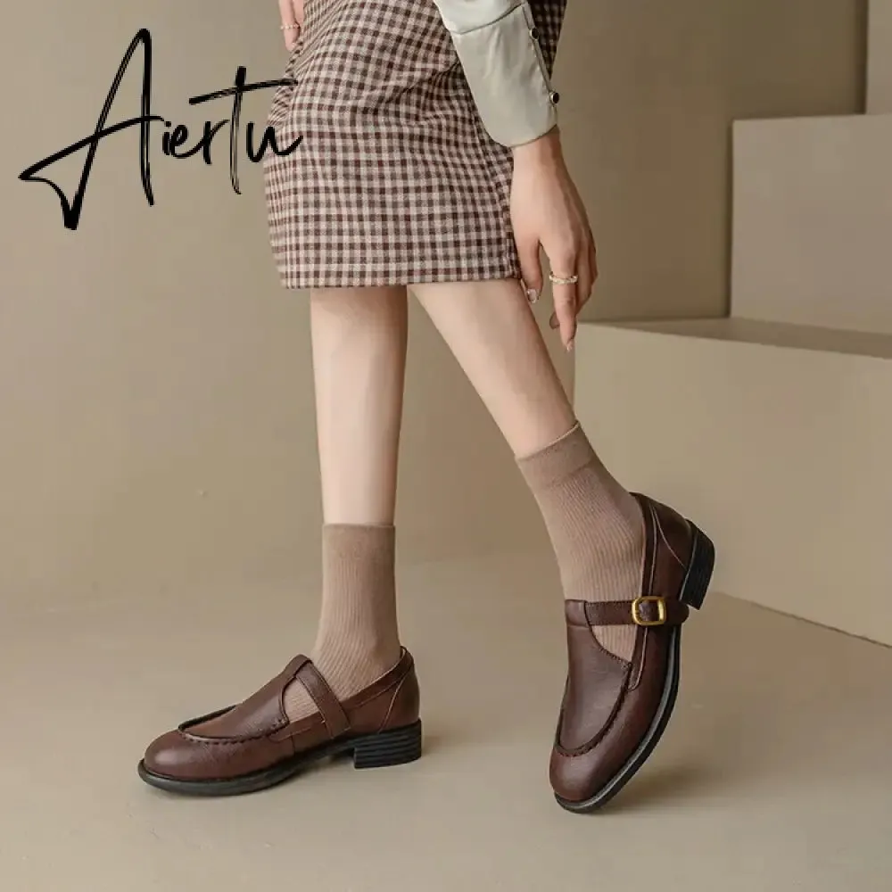 Aiertu NEW Spring Women's Pumps Genuine Leather Shoes for Women Round Toe Chunky Heel Shoes Retro Low Heel Mary Janes Retro Brown Shoes