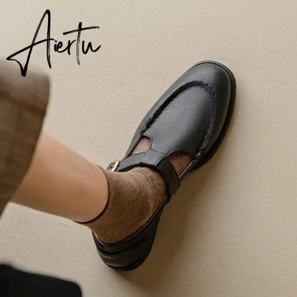 Aiertu NEW Spring Women's Pumps Genuine Leather Shoes for Women Round Toe Chunky Heel Shoes Retro Low Heel Mary Janes Retro Brown Shoes