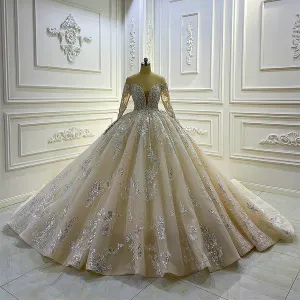 AM1152 Off Shoulder Long Sleeve Lace Luxury Ball Gown shiny Wedding Dress