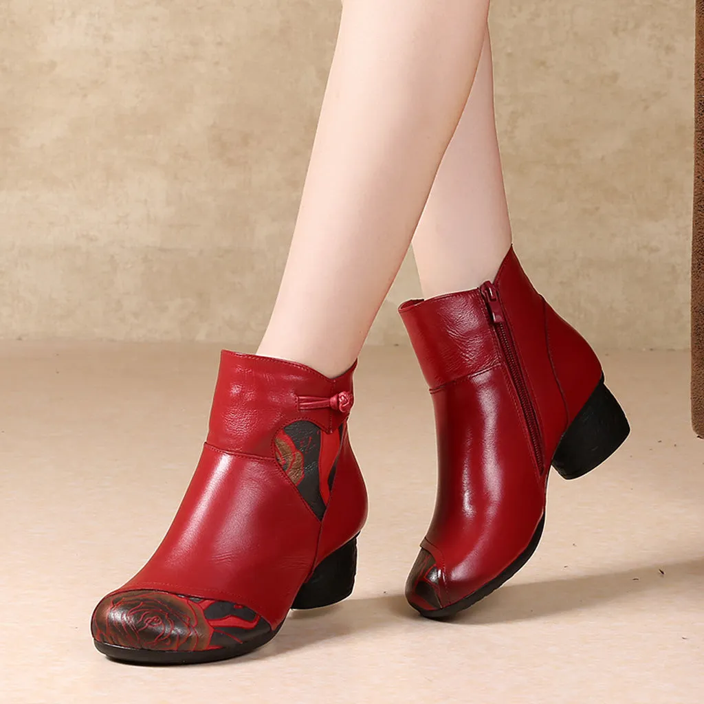 Autumn Winter Retro Leather Handmade Chunky Boots | Gift Shoes