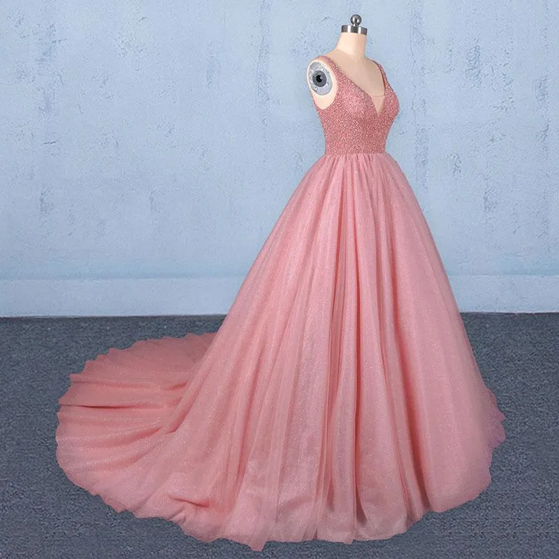 Ball Gown V Neck Tulle Prom Dress with Beads, Puffy Sleeveless Quinceanera Dresses M1850