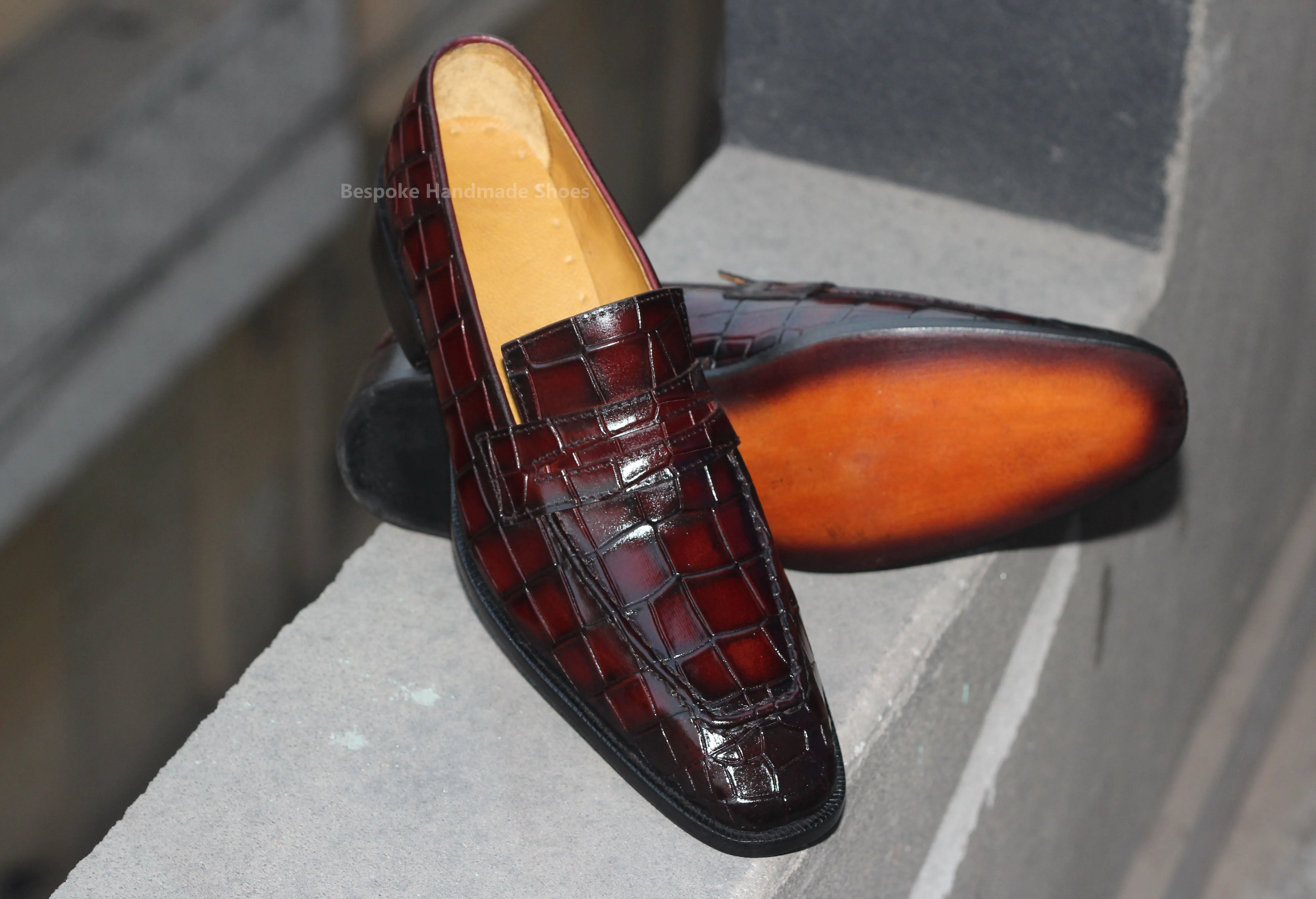 Bespoke Handmade Men's Burgundy Leather Black Shaded Slip On Loafer Casual Shoes Men