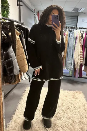 Black Contrast Stitch Knitted Co-ord Set - Storm