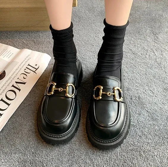 Black Retro Aesthetic Pu Leather Chunky Sole Shoes