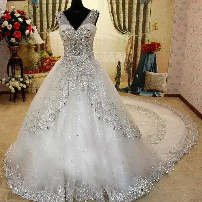 Bling V Neck Wedding Dresses Bridal Gown With SWAROVSKI Crystals