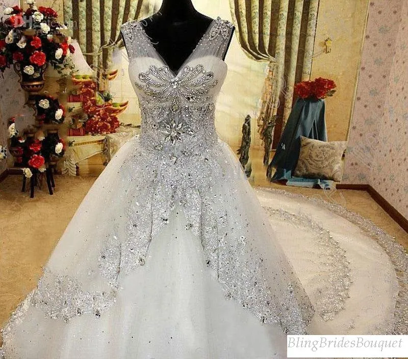 Bling V Neck Wedding Dresses Bridal Gown With SWAROVSKI Crystals