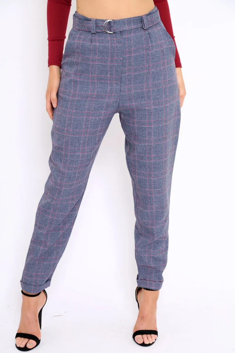 Blue Tartan Ring Belted Tapered Trousers - Klara