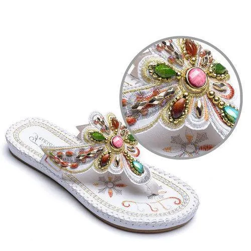 Bohemia Floral Rhinestone Beaded Clip Toe Flat Sandals For Women