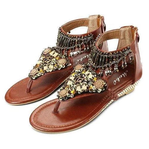 Bohemian Bead Chain Metal Pu Retro Clip Toe Zipper Flat Ankle Sandals