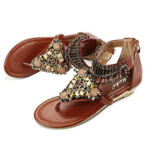 Bohemian Bead Chain Metal Pu Retro Clip Toe Zipper Flat Ankle Sandals