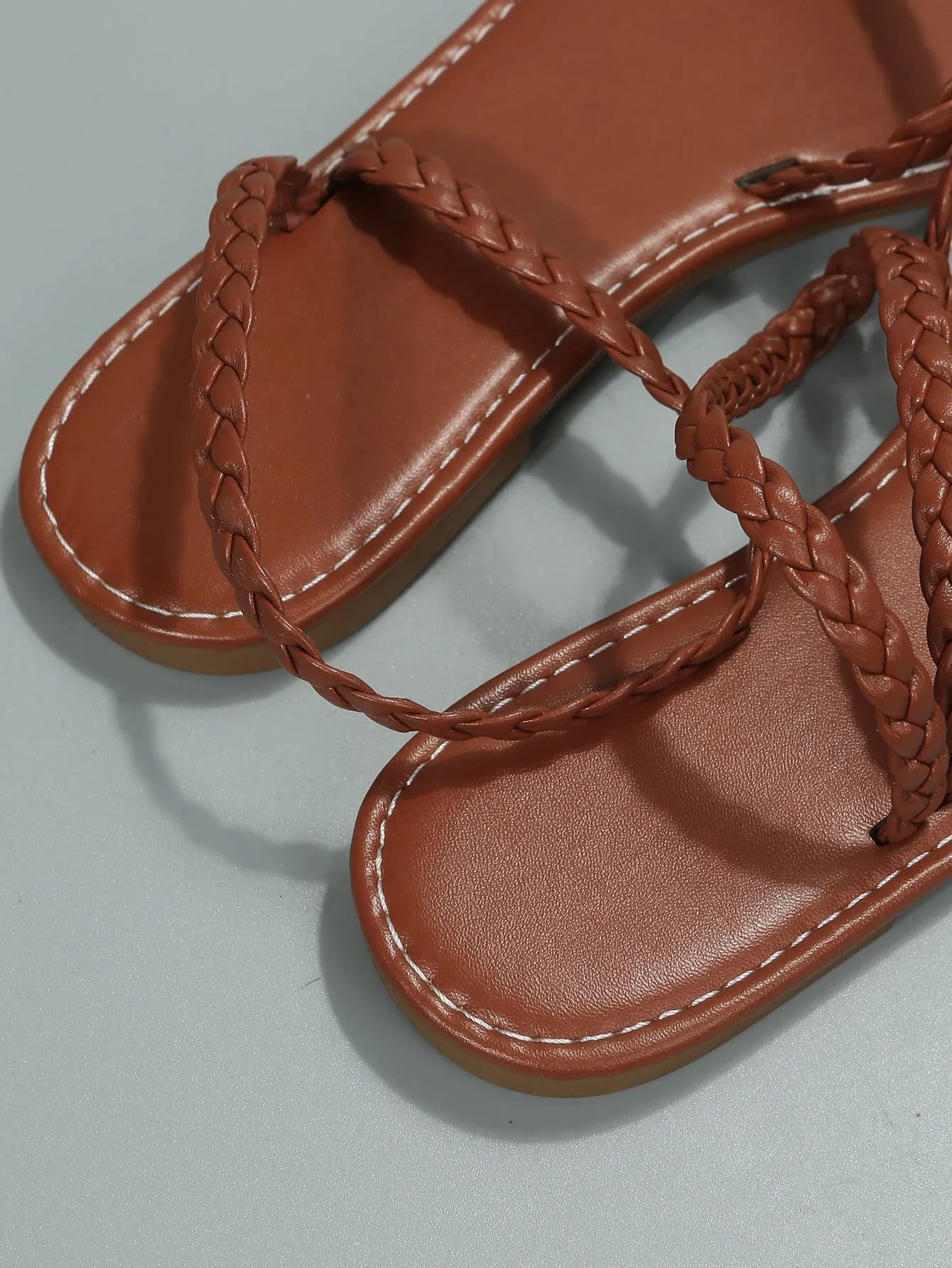 Braided Detail Plain Artificial Leather Toe Post Flat Sandals