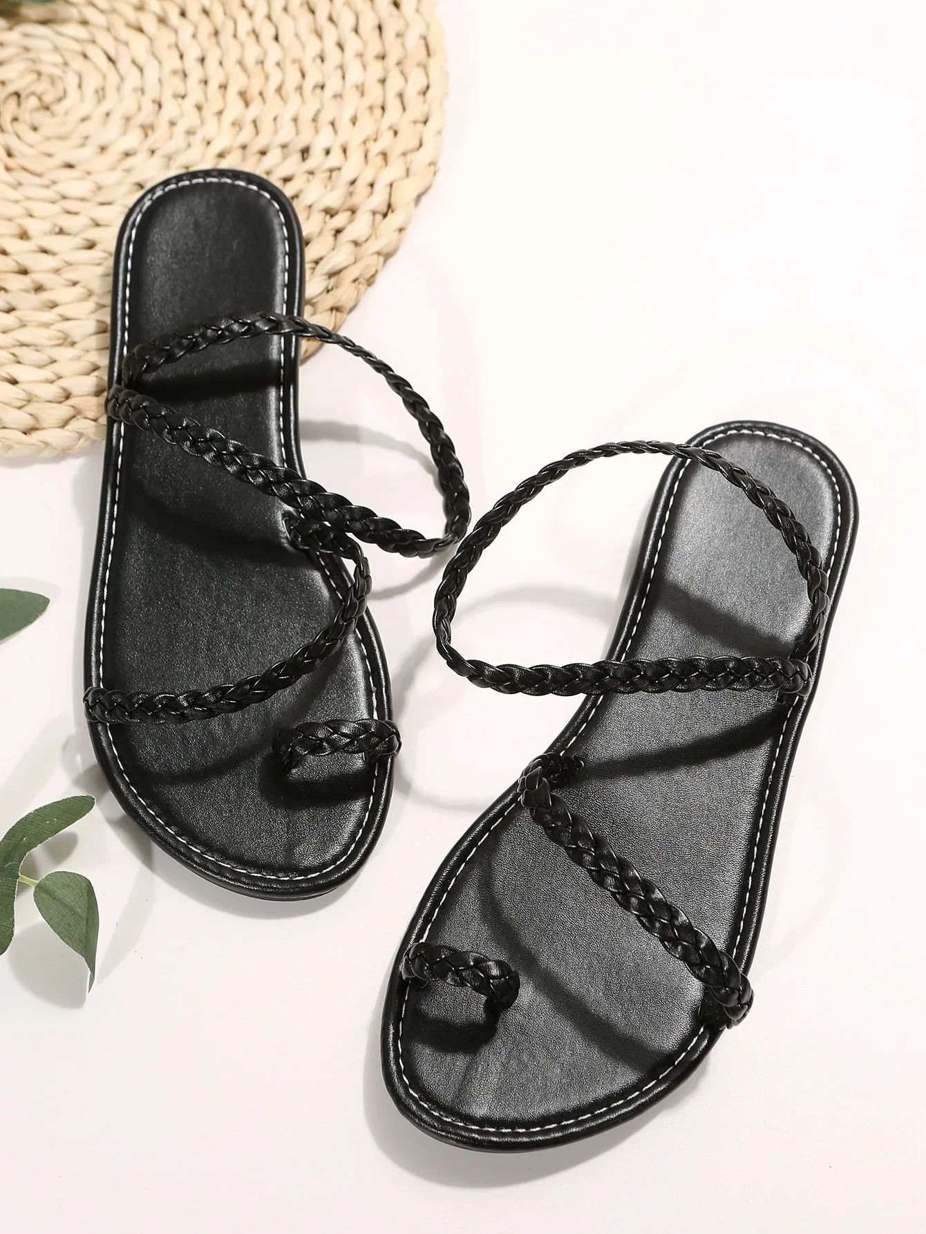 Braided Detail Plain Artificial Leather Toe Post Flat Sandals