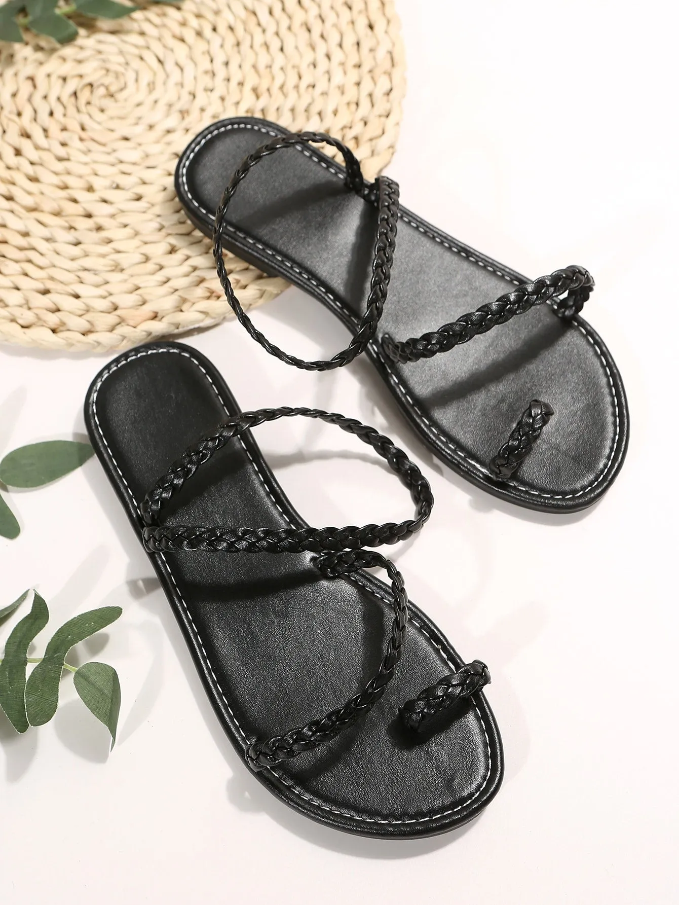 Braided Detail Plain Artificial Leather Toe Post Flat Sandals