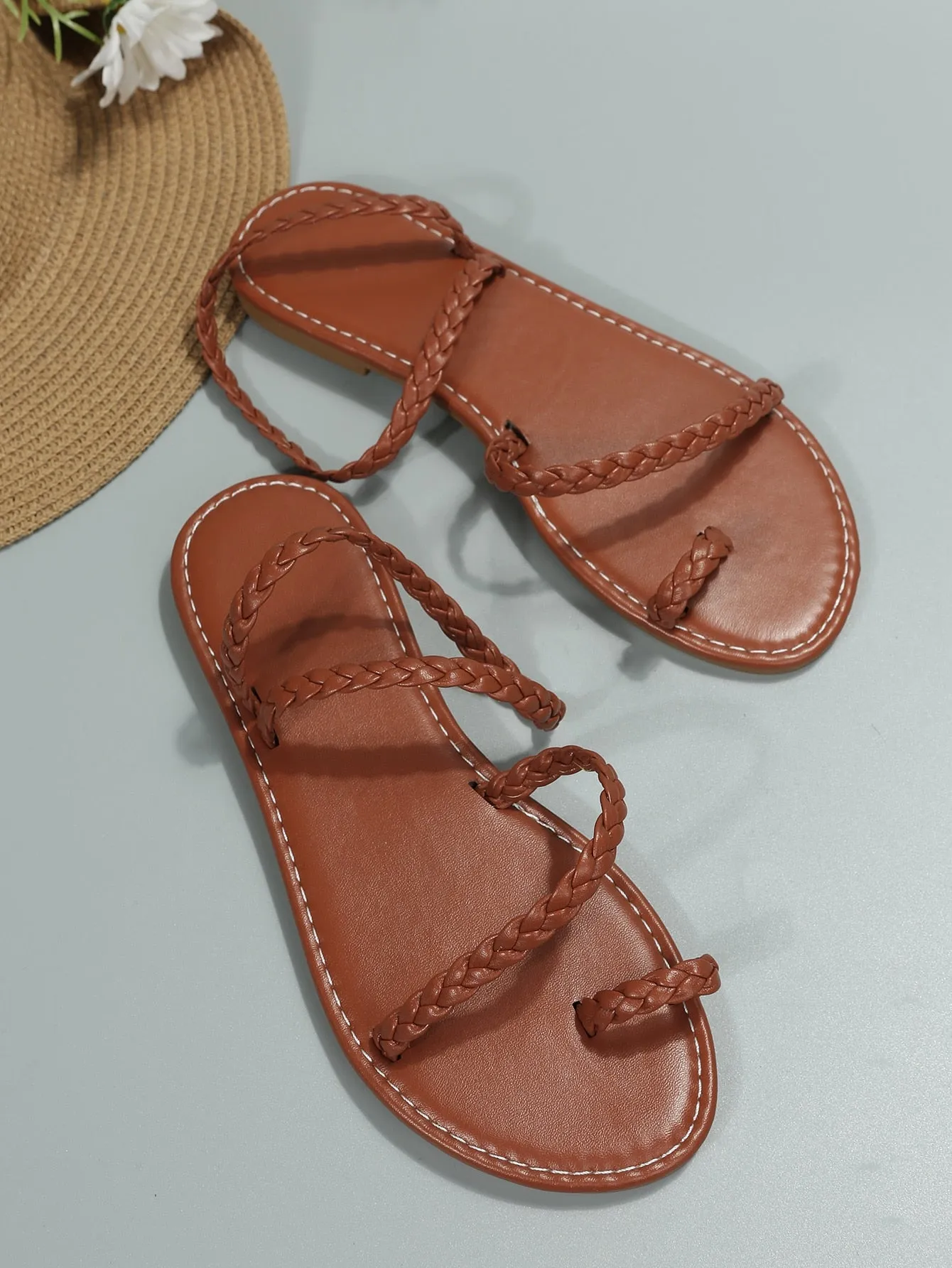 Braided Detail Plain Artificial Leather Toe Post Flat Sandals