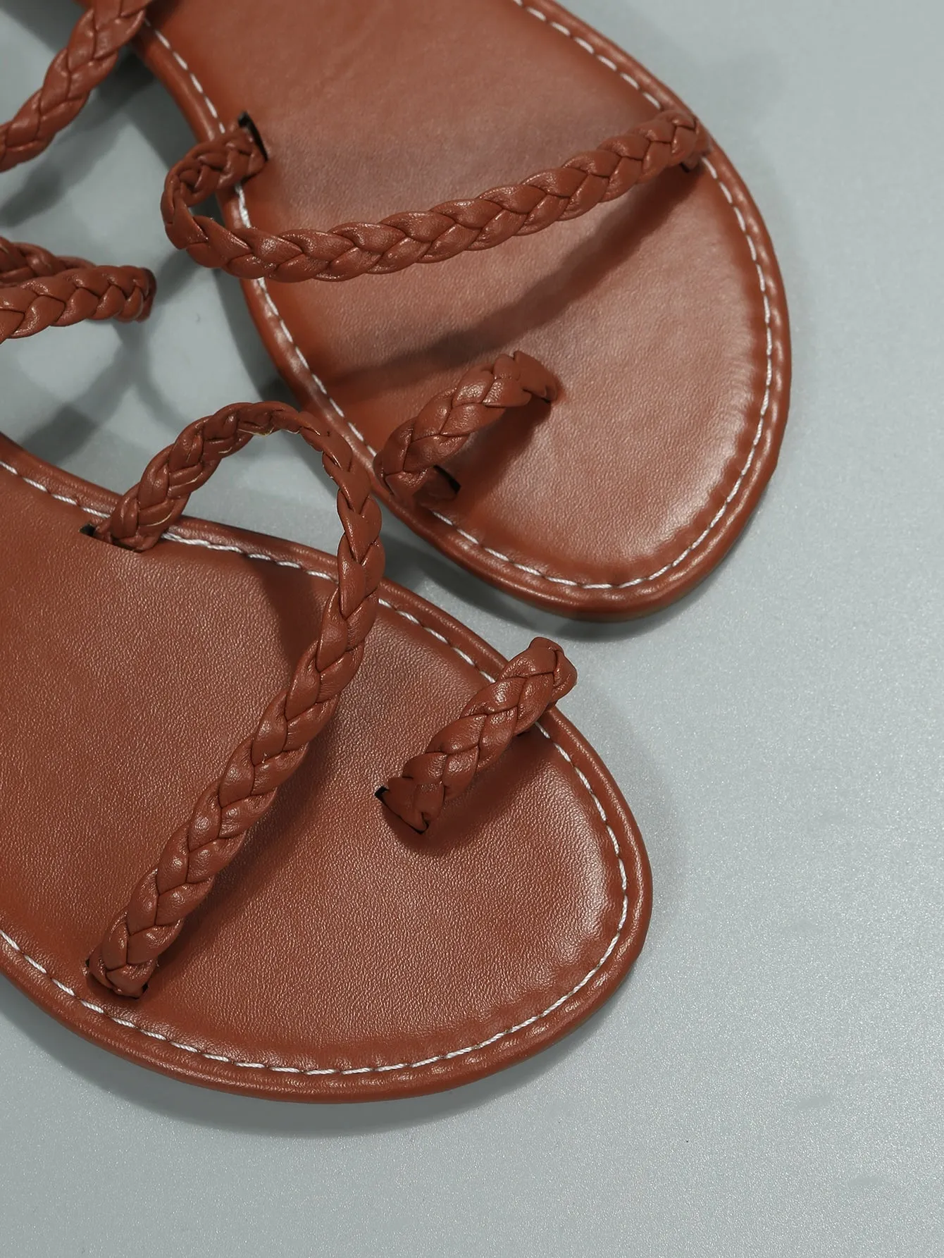 Braided Detail Plain Artificial Leather Toe Post Flat Sandals