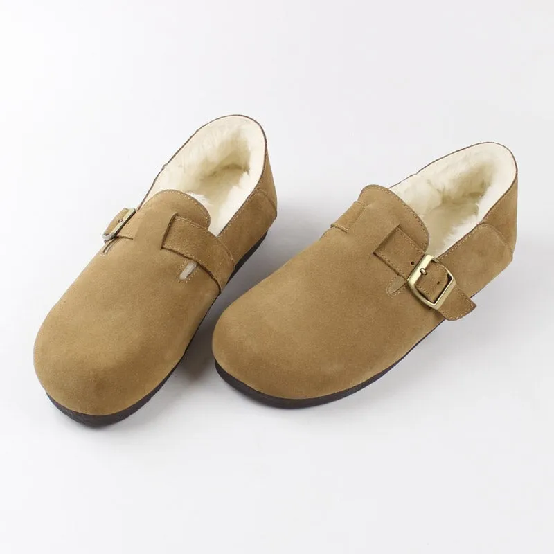 Buckle-fastening Soft Shoes Retro Suede Leather Fleece Lined Loafers for Women