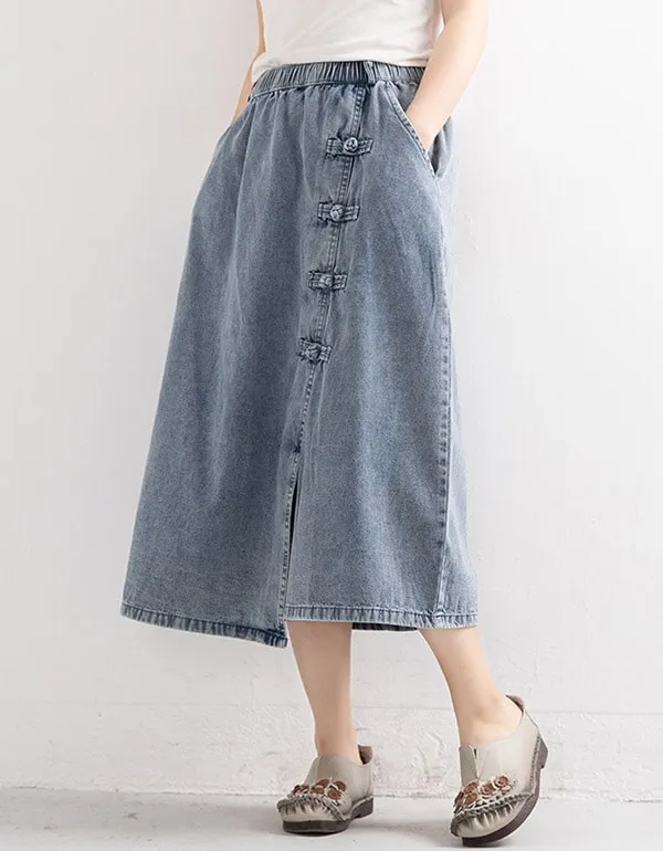 Buckle Hem Irregular Denim Mid-length Skirt