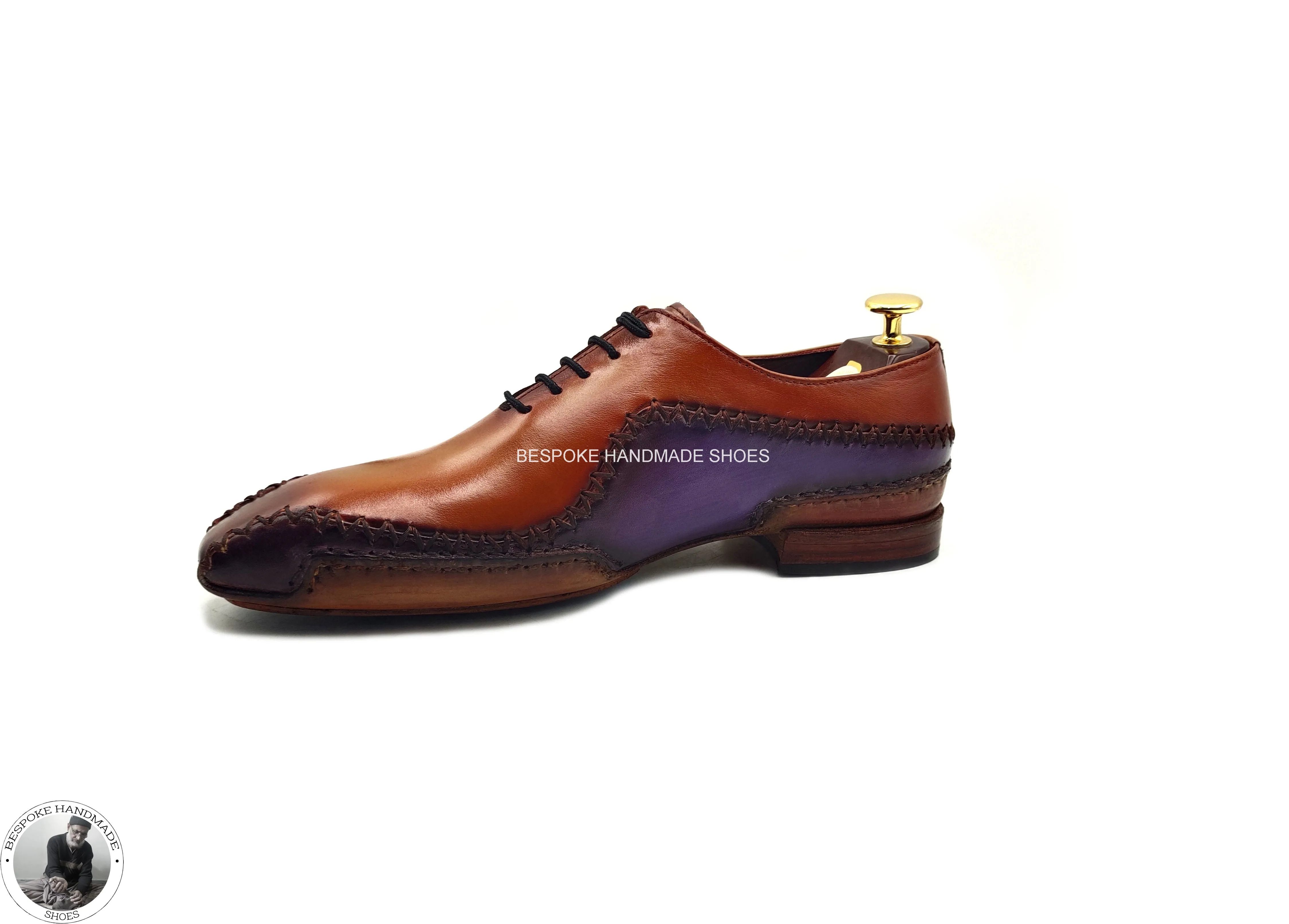 Buy Handmade Men's Real Two Tone Brown & Purple Leather Oxford Wholecut Lace up Dress / Formal Shoes