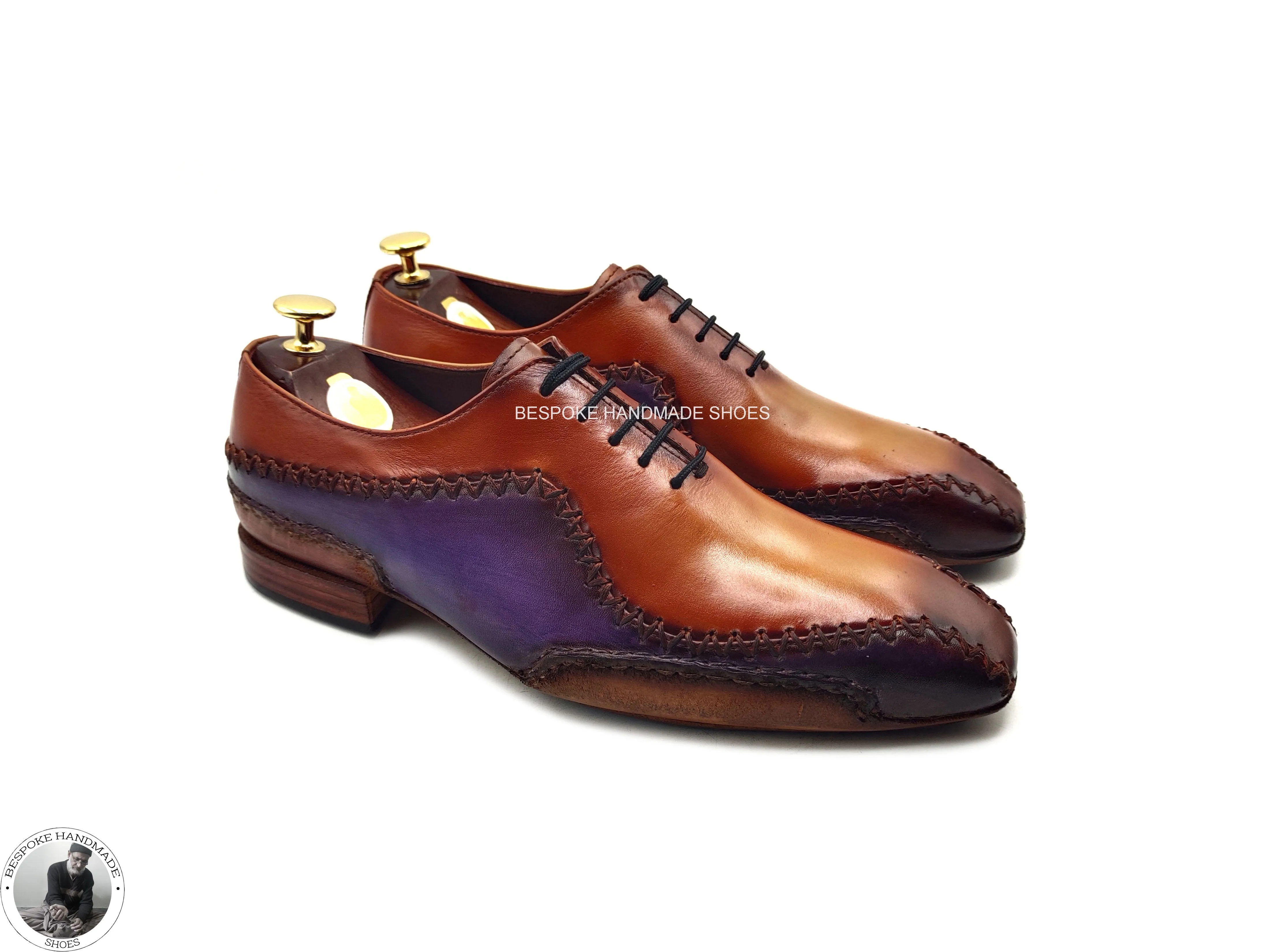 Buy Handmade Men's Real Two Tone Brown & Purple Leather Oxford Wholecut Lace up Dress / Formal Shoes