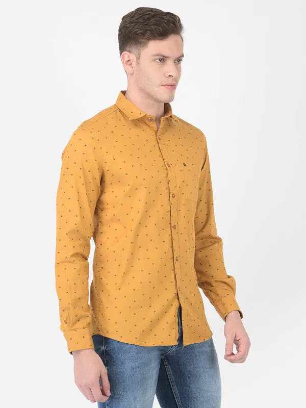 Cotton Yellow Slim Fit Printed Casual Shirt