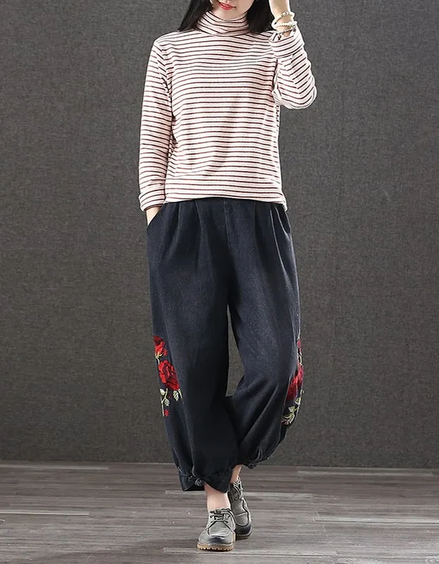 Embroidered Buckle Loose Retro Denim Pants