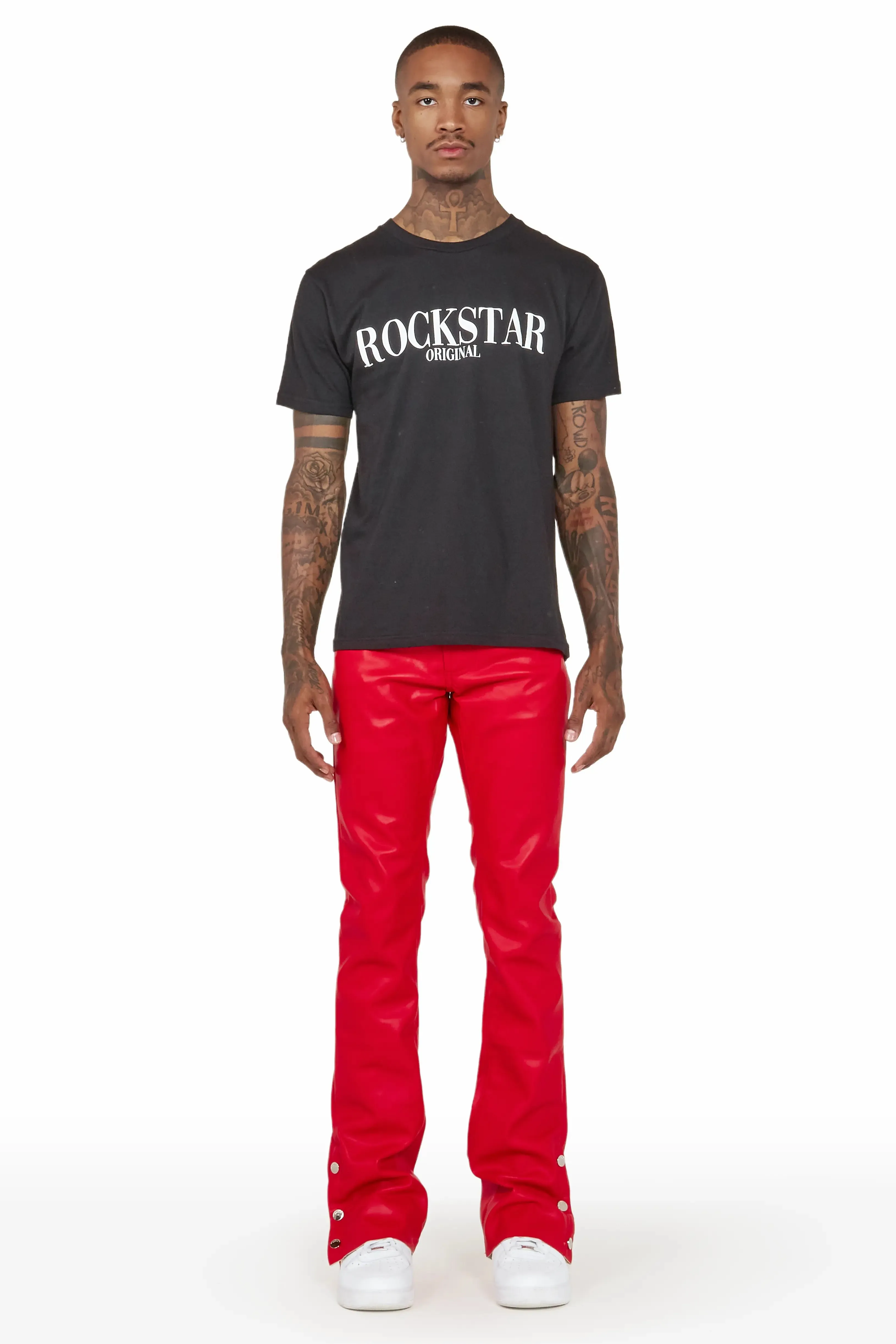 Ennis Red PU Stacked Flare Jean