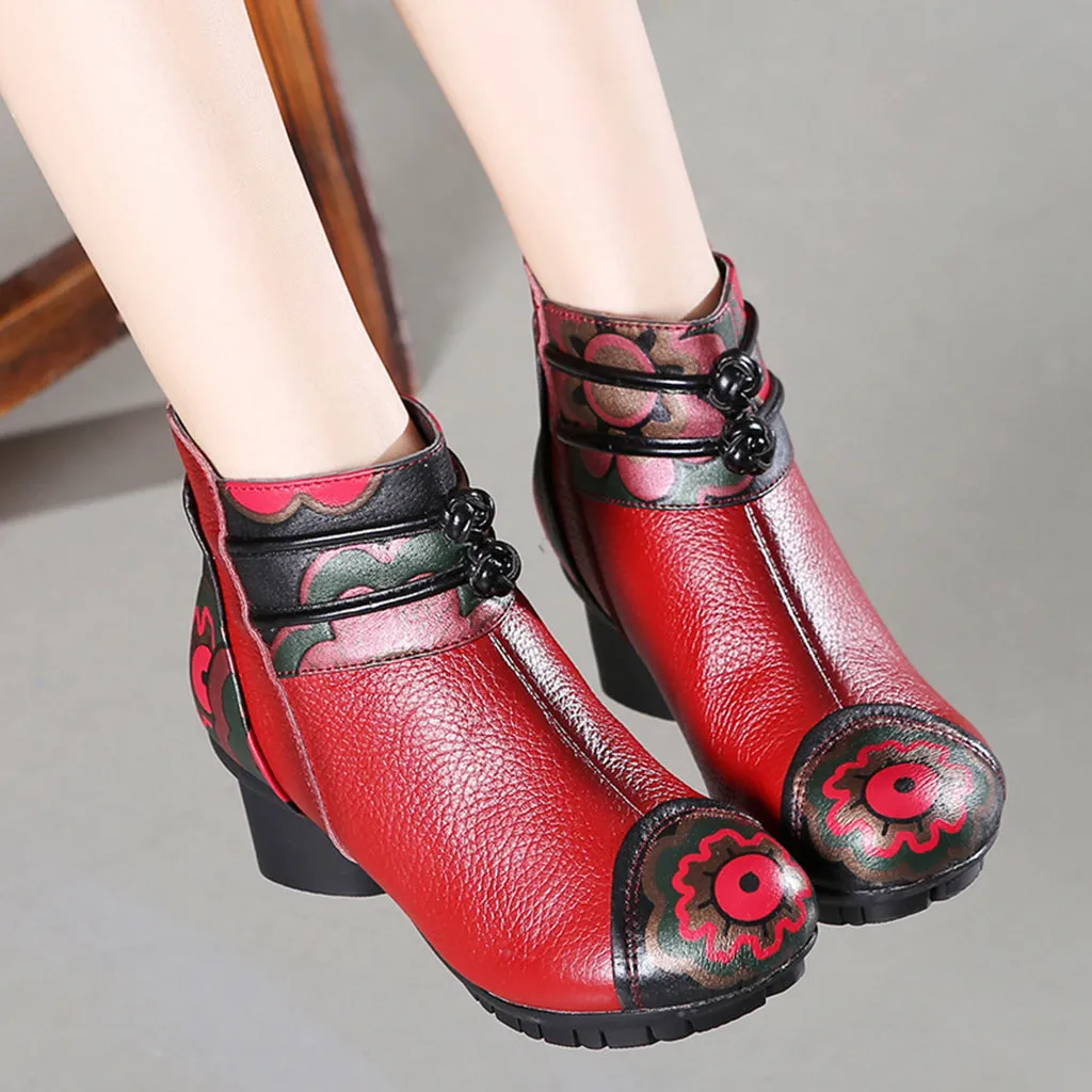 Ethnic Retro Leather Handmade Chunky Boots | Gift Shoes