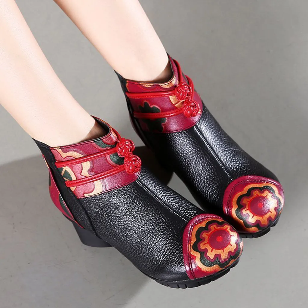 Ethnic Retro Leather Handmade Chunky Boots | Gift Shoes