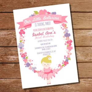 Floral Wreath Ballerina Party Invitation | Cute Ballet Birthday Party Invite