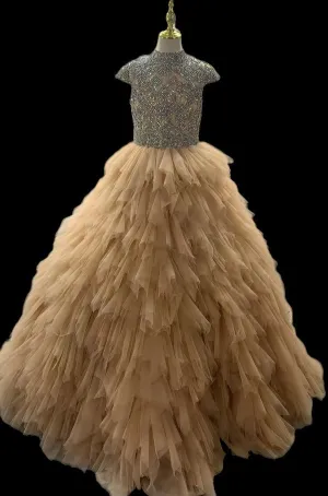 Glitzly Cap Sleeve Champagne Ball Gown for Little Child