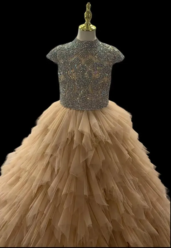 Glitzly Cap Sleeve Champagne Ball Gown for Little Child