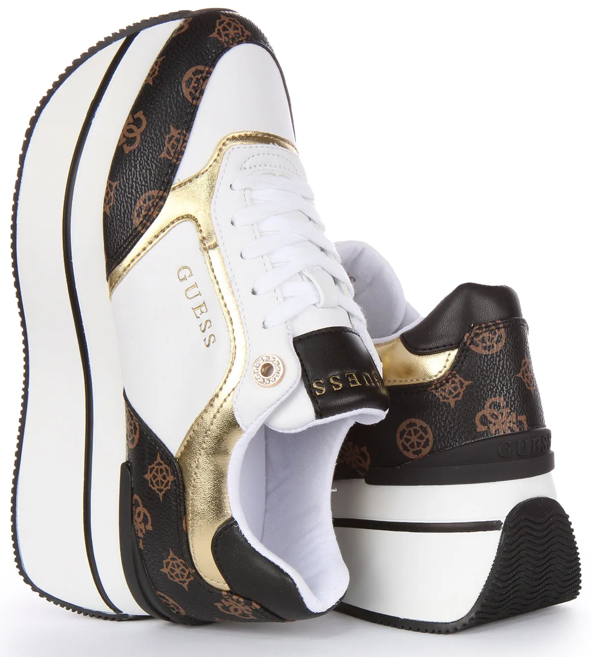 Guess Camrio Platform Trainers In White Brown For Women