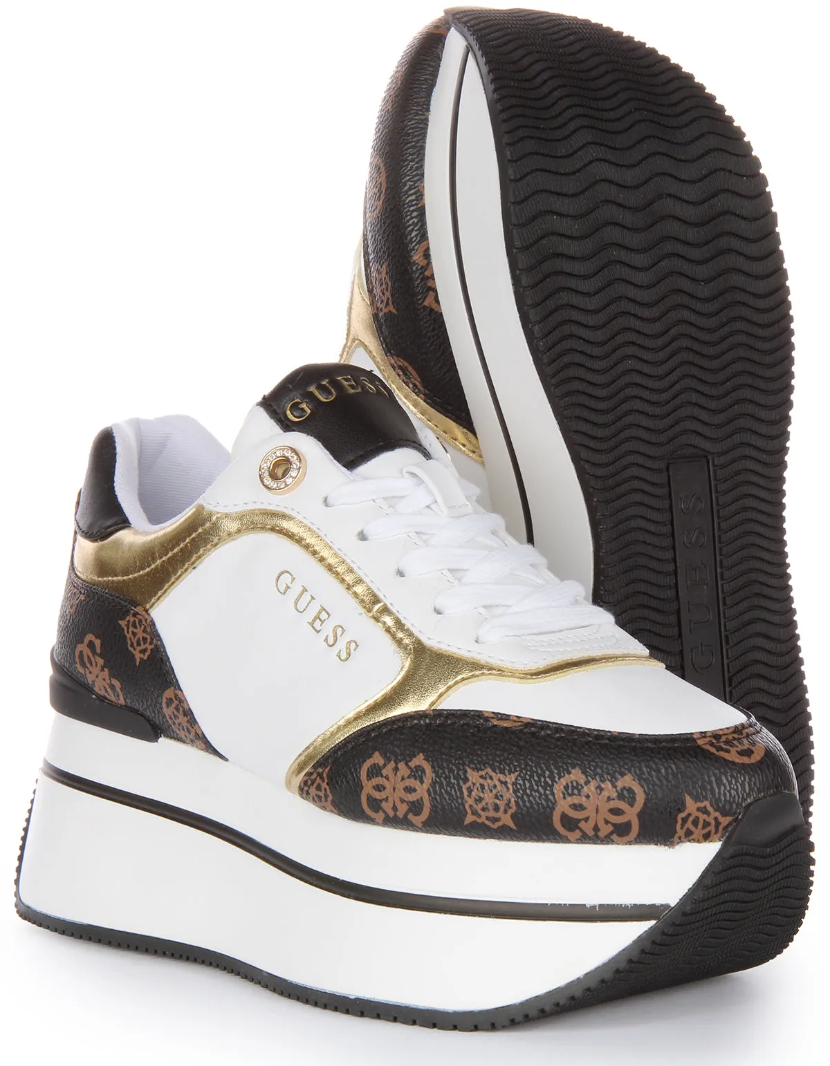 Guess Camrio Platform Trainers In White Brown For Women