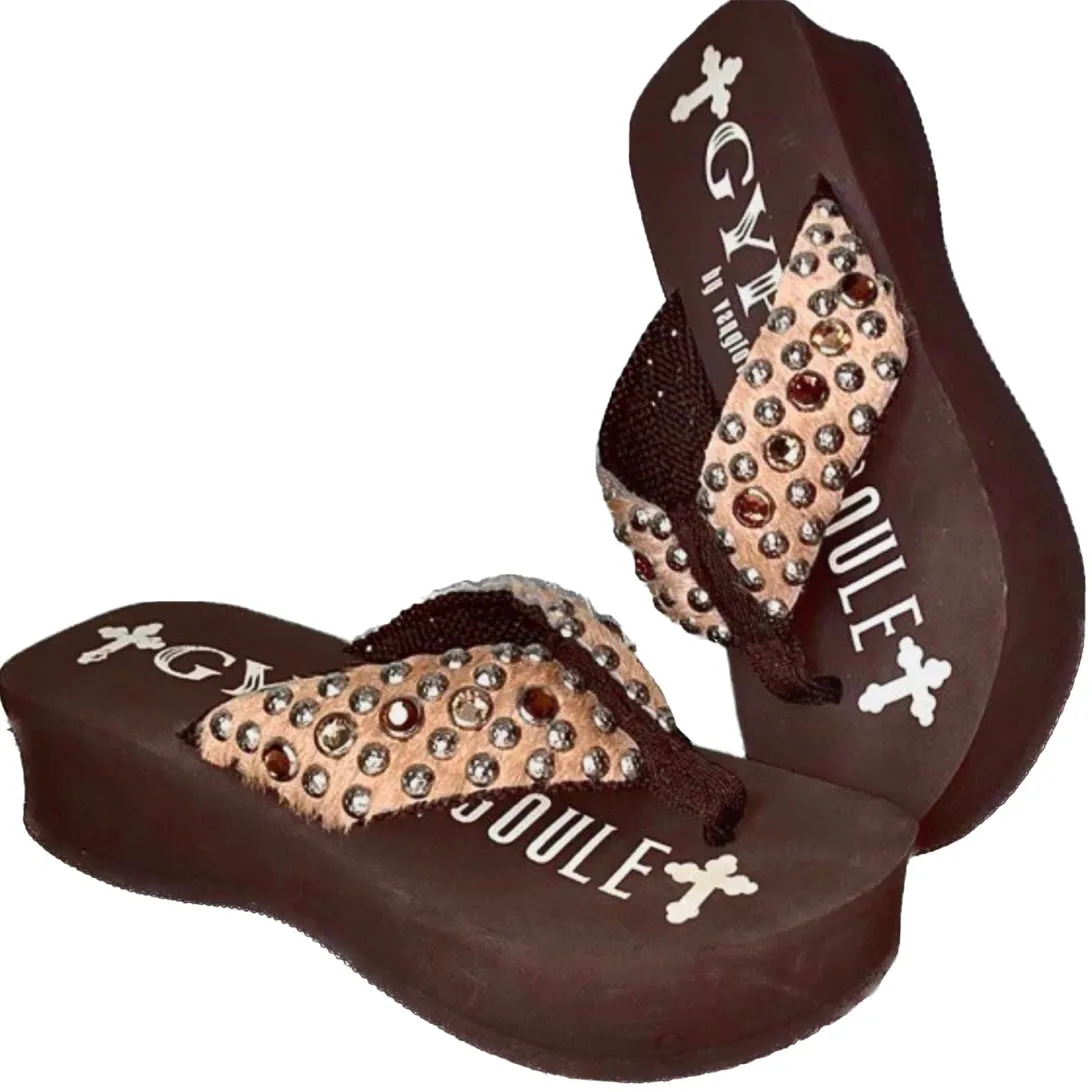 GYPSY SOULE Hair On Cowhide Swarovski Crystal Cowgirl Western Flip Flop Sandals