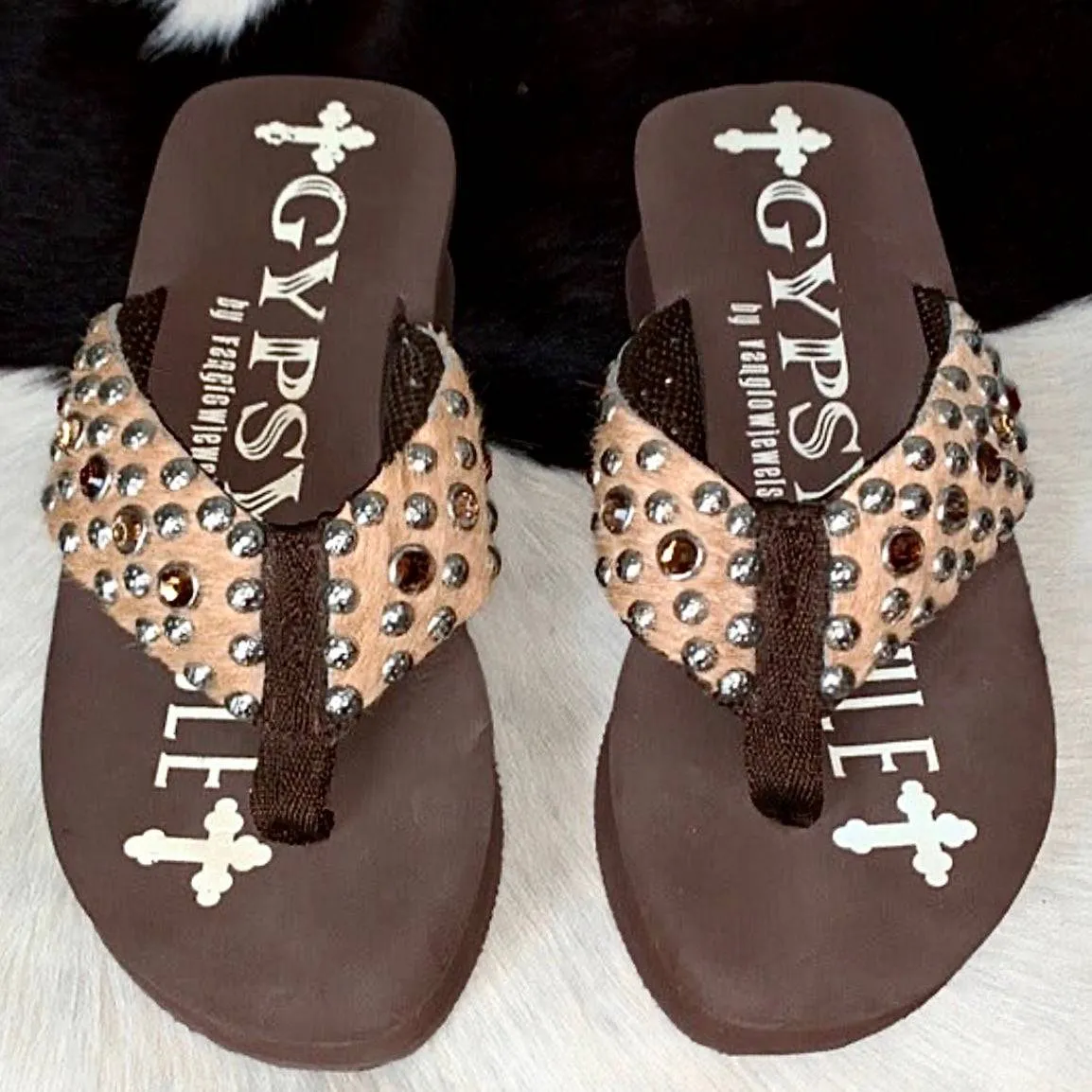 GYPSY SOULE Hair On Cowhide Swarovski Crystal Cowgirl Western Flip Flop Sandals