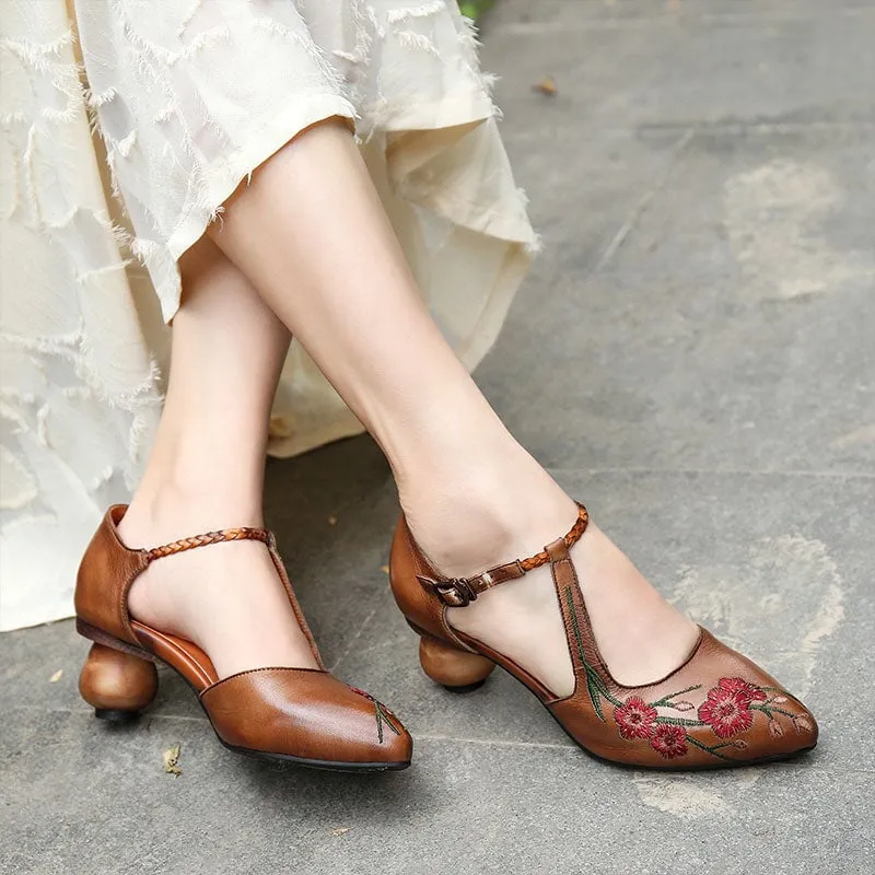 Handmade Genuine Leather Embroidered Retro Pointed Toe Strappy May Jane Pumps in Grey/Coffee