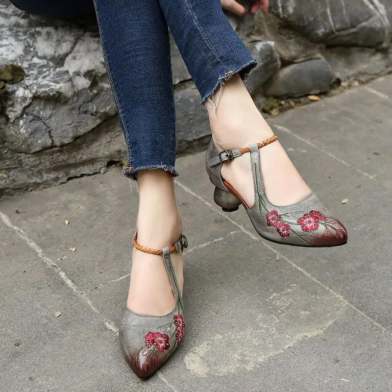 Handmade Genuine Leather Embroidered Retro Pointed Toe Strappy May Jane Pumps in Grey/Coffee