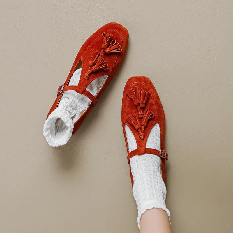 Handmade Leather T strap Mary Jane Shoes with Tassels Detail Square Toe in Red/Black