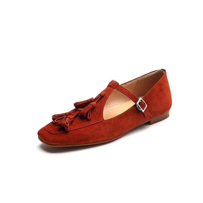 Handmade Leather T strap Mary Jane Shoes with Tassels Detail Square Toe in Red/Black