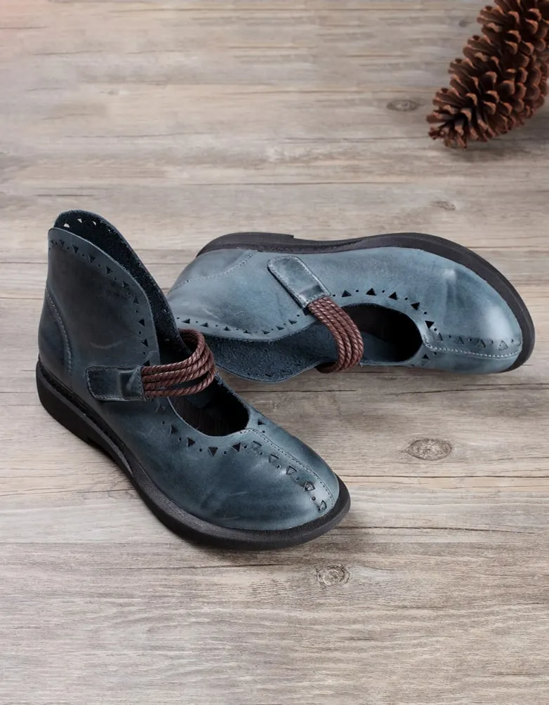 Handmade Retro Leather Flat Shoes Blue