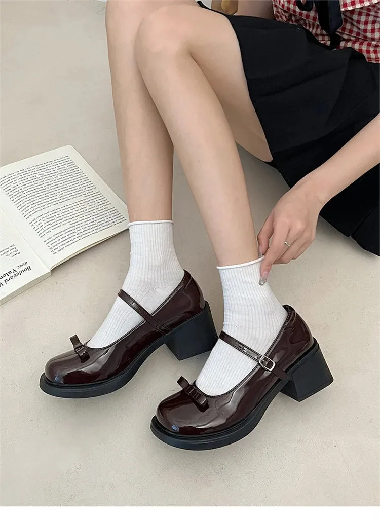 Hnzxzm Brown Jk Uniform Shoes British Style Retro Japanese Mary Jane Shoes Women's Lolita Bow Sweet Girls Kawaii Mid Heel Cute Shoe