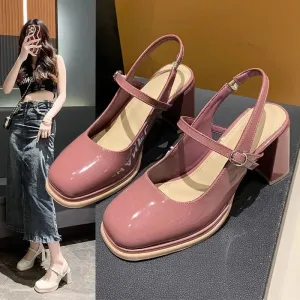 Hnzxzm Spring Autumn New Round Head Shallow Mouth Retro Style Thick Heel Women Single Shoes