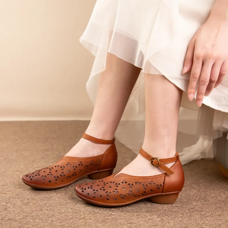 Hollowed Handmade Leather Retro Pointed Toe Ankle Strap Pumps in Wine Red/Khaki